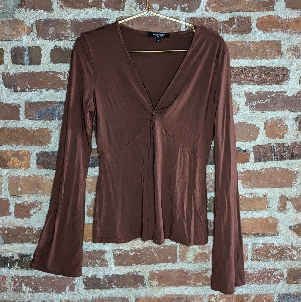 Karen Karen Medium Brown V-Neck Blouse‎ w/ Long Bell-ish Sleeves